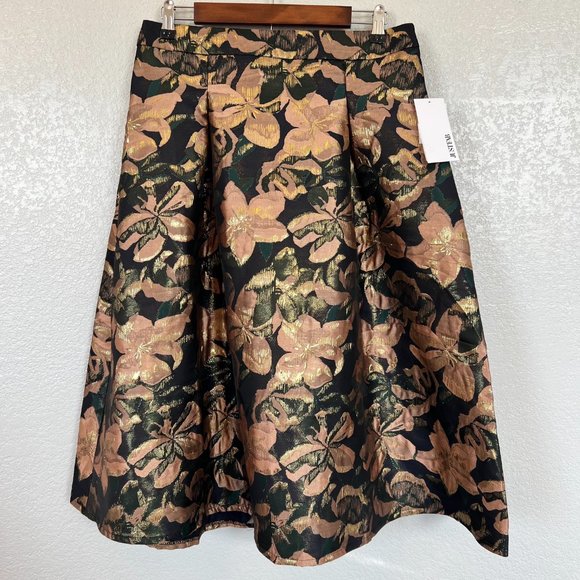 JustFab Golden Floral Jacquard Pleated Full Skirt Women's NEW Large NWT - Picture 2 of 12